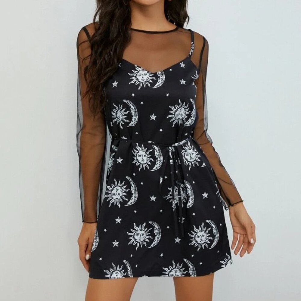 Sun & Moon Print Mesh Panel Belted Dress